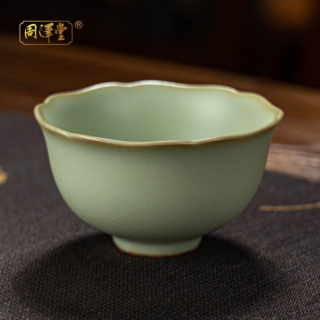 周泽堂汝窑如兰杯手工陶瓷花口杯景德镇瓷器高端中式礼品开片可养
