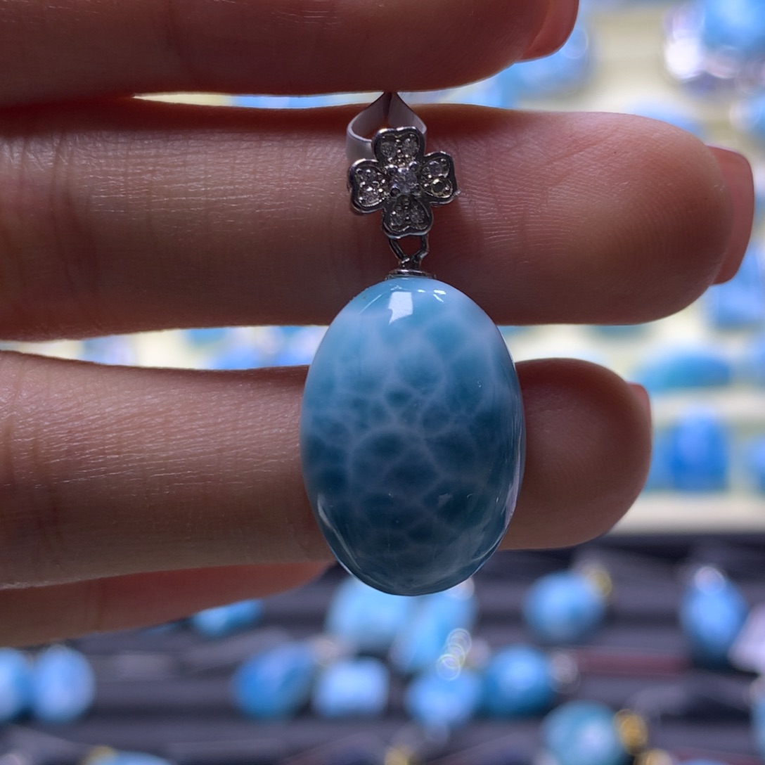 针钠钙石（海纹石）银S925镶嵌吊坠(不含链)蛋面吊坠色差略异