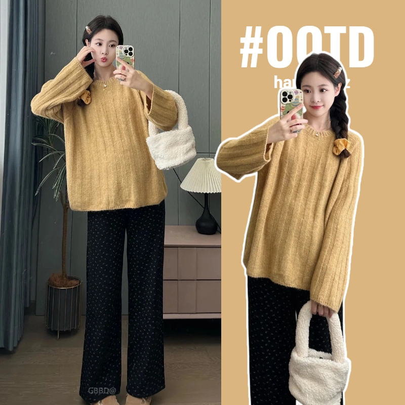 秋冬孕妇装圆领贴布坑条套头毛衣女秋冬宽松百搭针织衫上衣打底衫