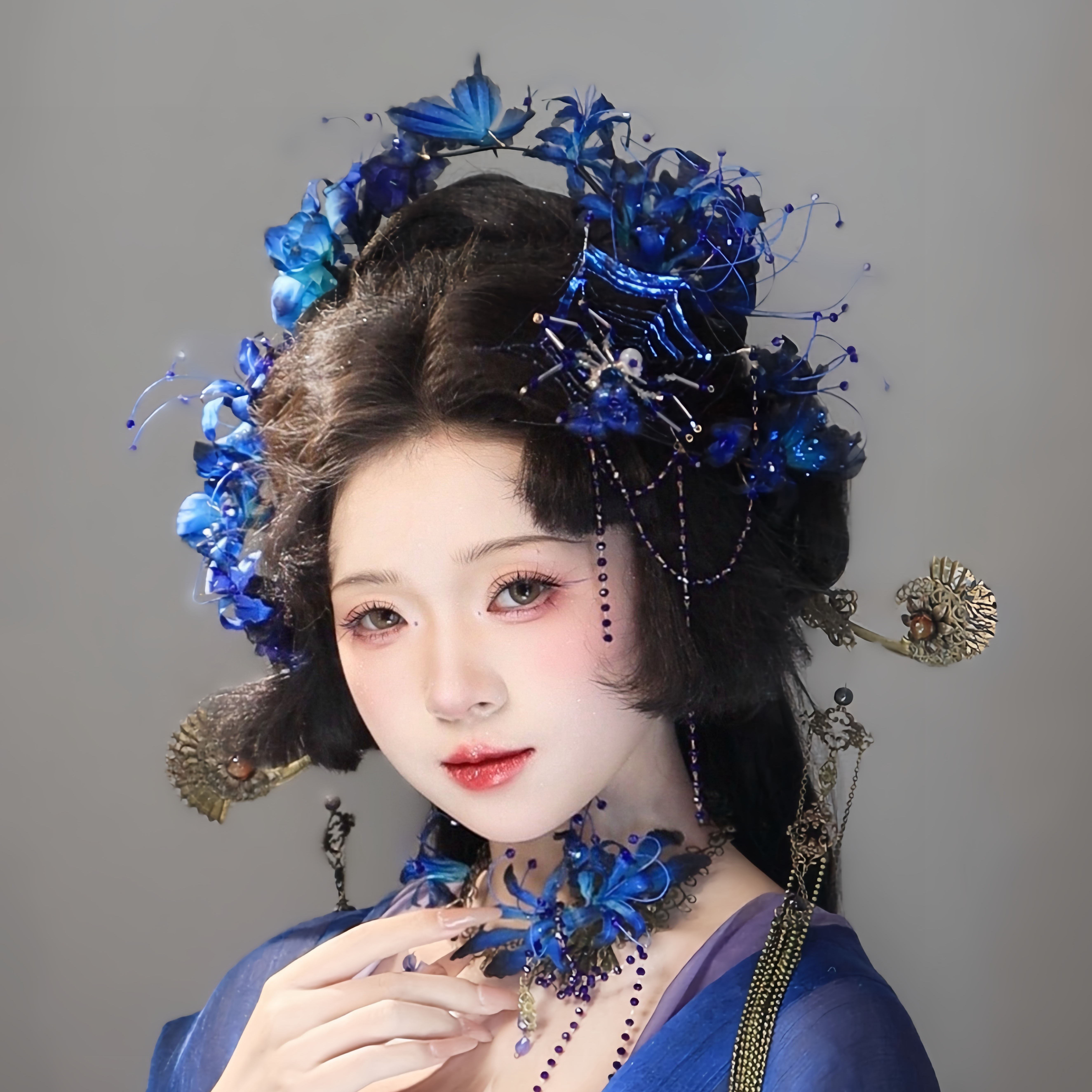 耀如春华 幽蓝【套装链接】 原创纯手工古风真丝烫花万圣节头饰配饰