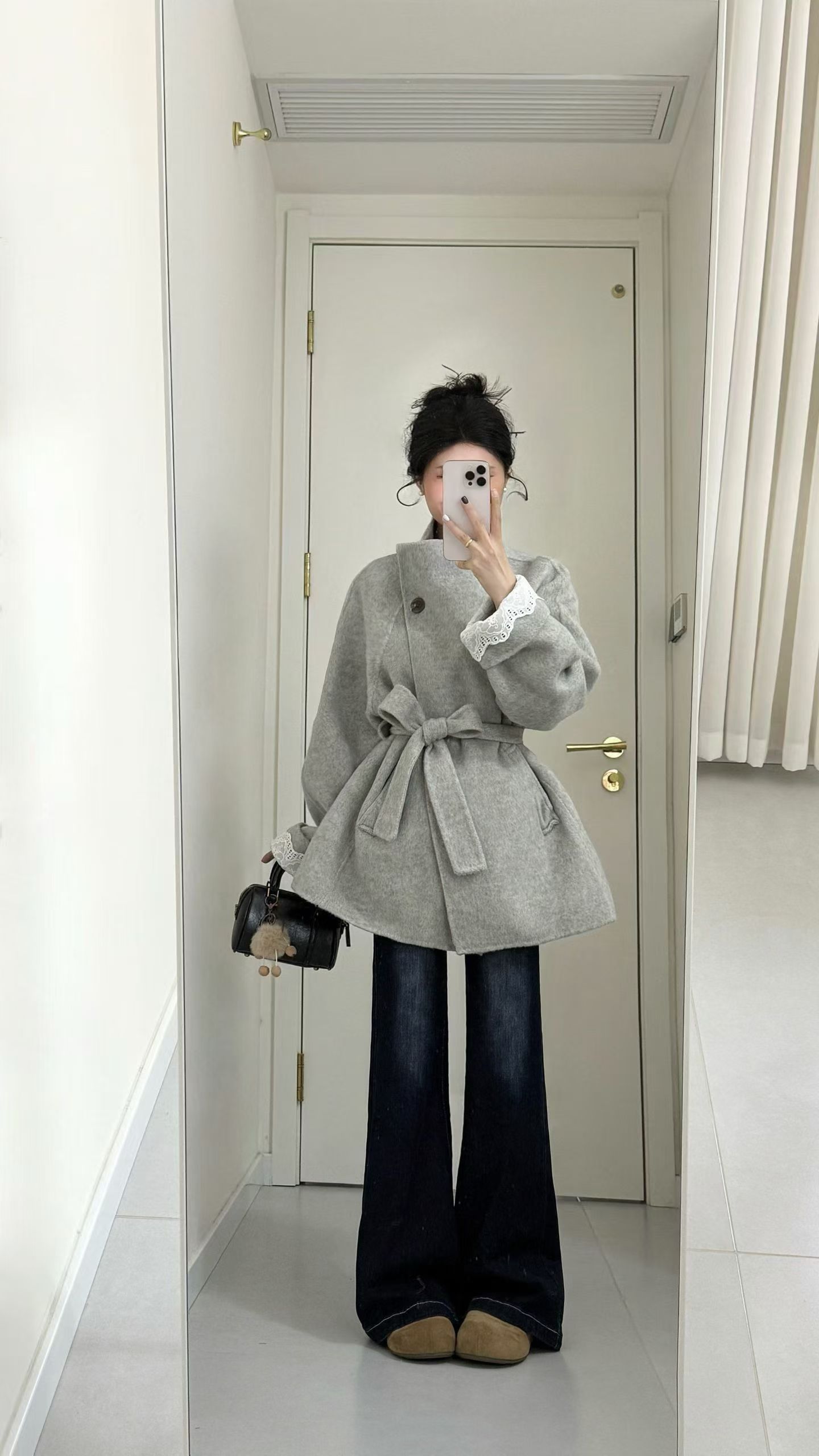 2025秋冬新款大方得体一整套高级感灰色立领毛呢大衣牛仔裤两件套