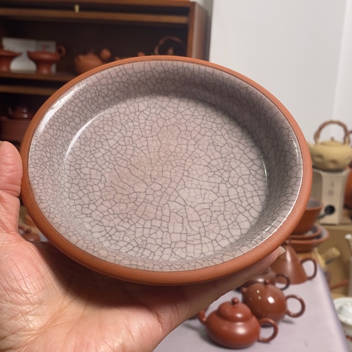 手拉壶承大约14-15cm开片朱泥