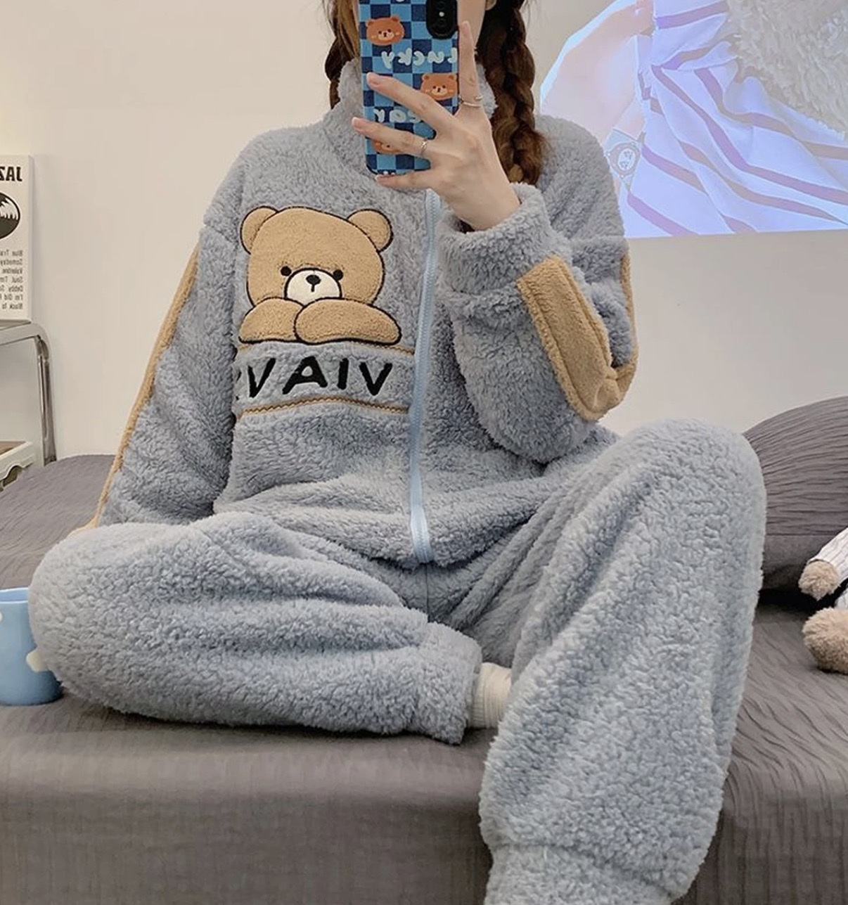 睡衣女士珊瑚绒加厚冬天拉链法兰绒家居服蓝色套装咖啡色小熊