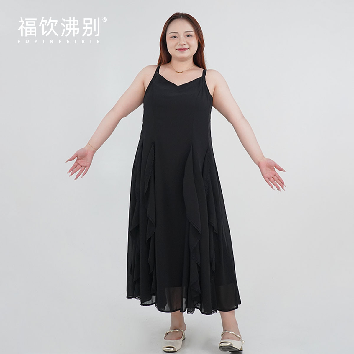 福饮沸别【萌纱黑桃】大码胖mm夏季显瘦飘逸黑色雪纺吊带裙2193