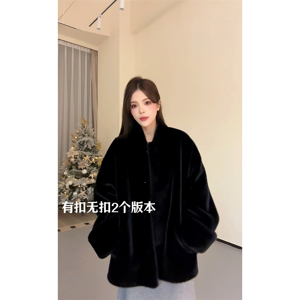NN CHIC.女冬气质V领挽袖仿水貂环保皮草毛毛外套1273