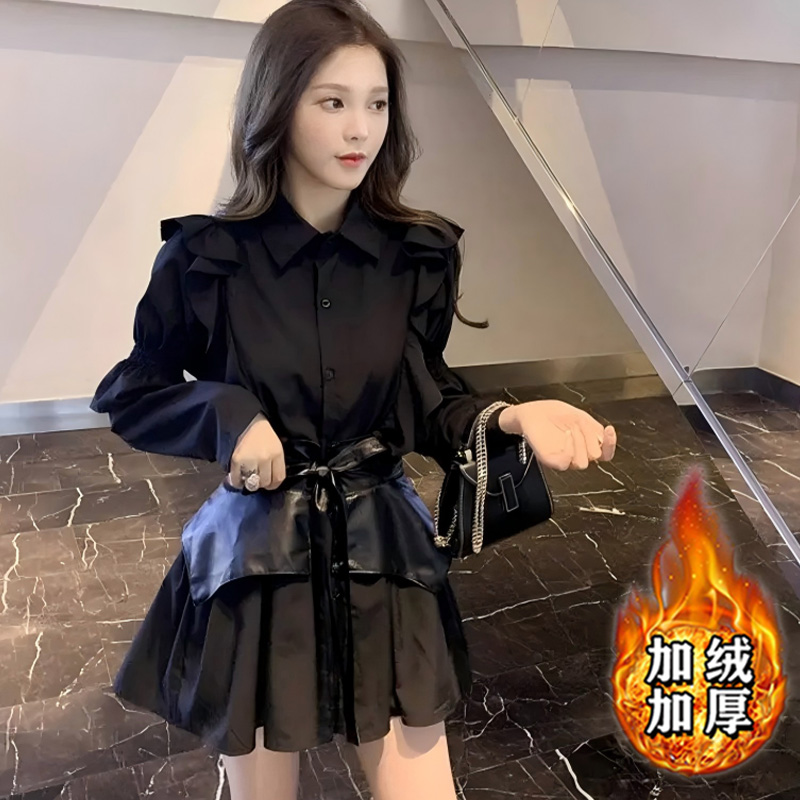 【加绒加厚】洋气减龄炸街连衣裙套装女设计感衬衫收腰裙子TX0239