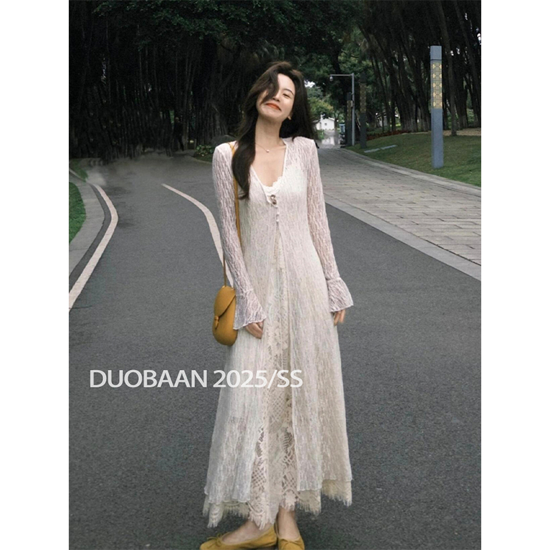 2025夏季法式气质穿搭温柔干金风高级感防晒开衫蕾丝连衣裙两件套