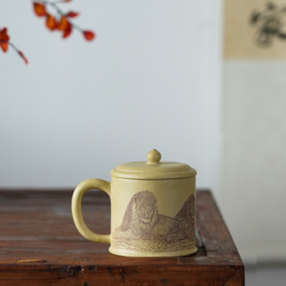 盖杯紫砂壶本山绿泥全手工制鲁号刻狮子