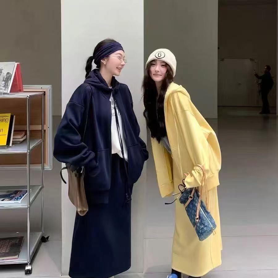 大码休闲套装女慵懒风宽松连帽卫衣外套+半身裙1176
