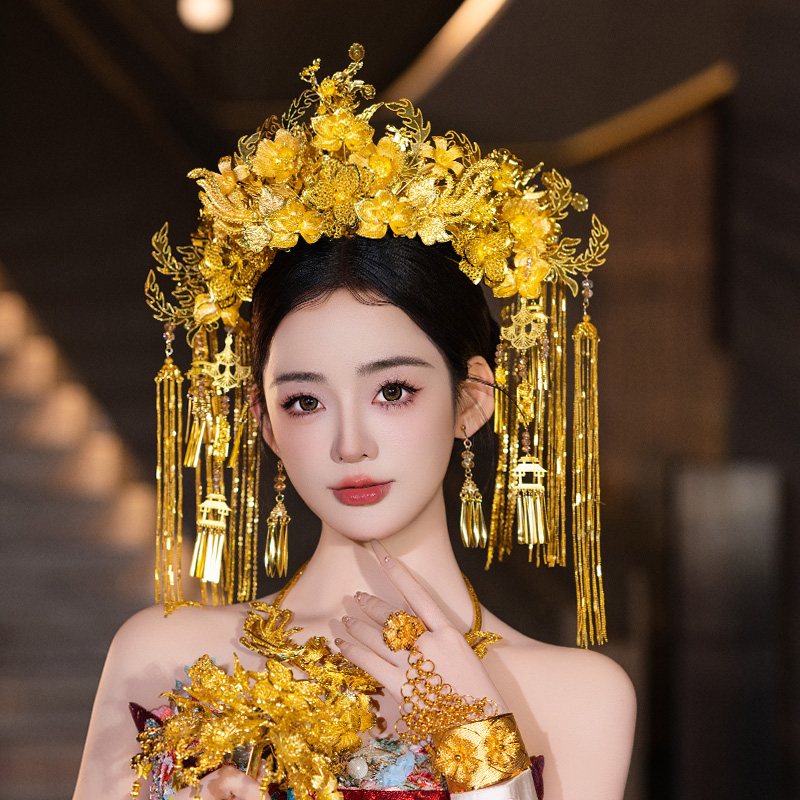 合金婚庆饰品 金色新娘发饰凤冠中式汉服婚礼敬酒龙凤褂头冠MT055
