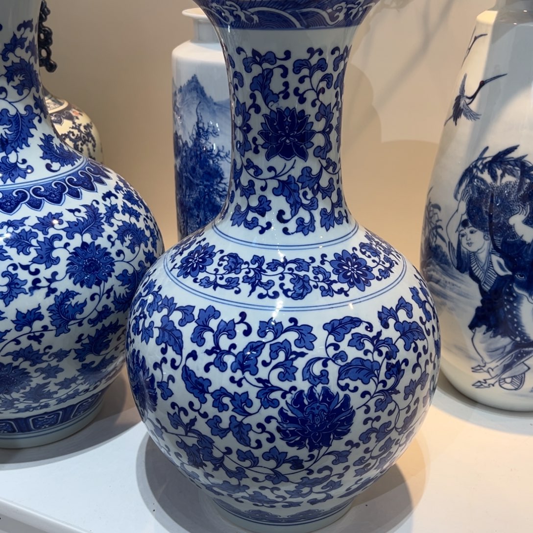 馒***子陶摆件50cm青花海浪纹赏瓶