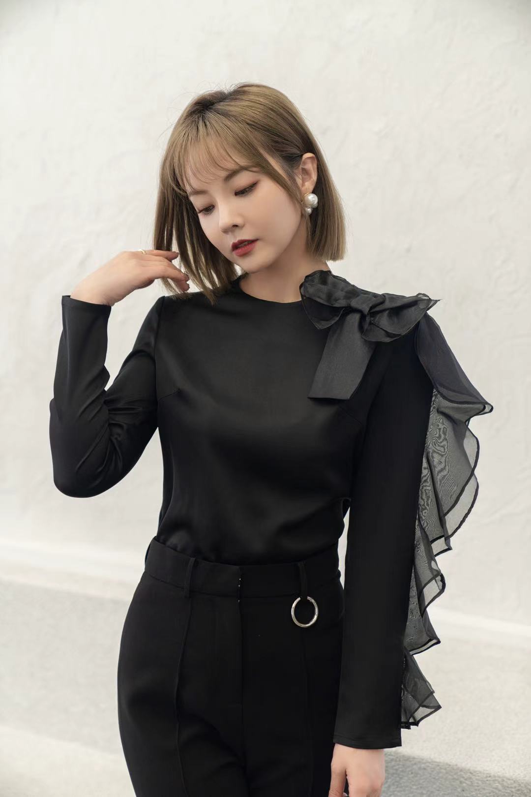 NIIINA  春秋纯色手臂蝴蝶结衬衫WQ3380H