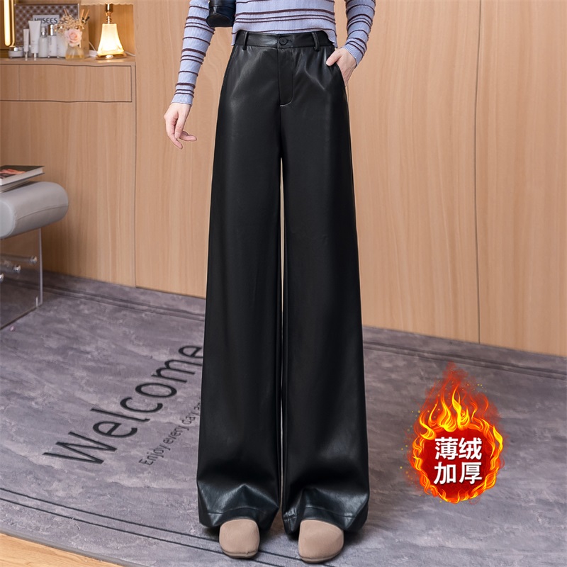 黑色PU皮裤阔腿裤女2025秋冬加绒加厚高腰显瘦高级感窄版直筒长裤