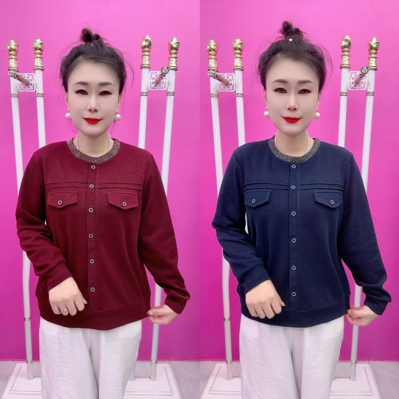 新款时尚百搭香风烫钻小衫