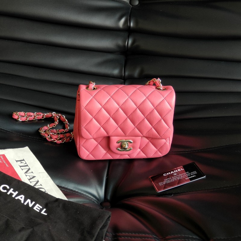 95新 Chanel/香奈儿 21C珊瑚粉羊皮金扣CF方胖子斜挎包52855