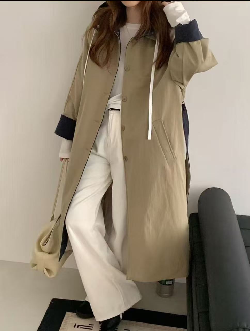 【三号颜彦服饰】宽松型秋冬季气质女纯色春秋长款外套中长款拉链女