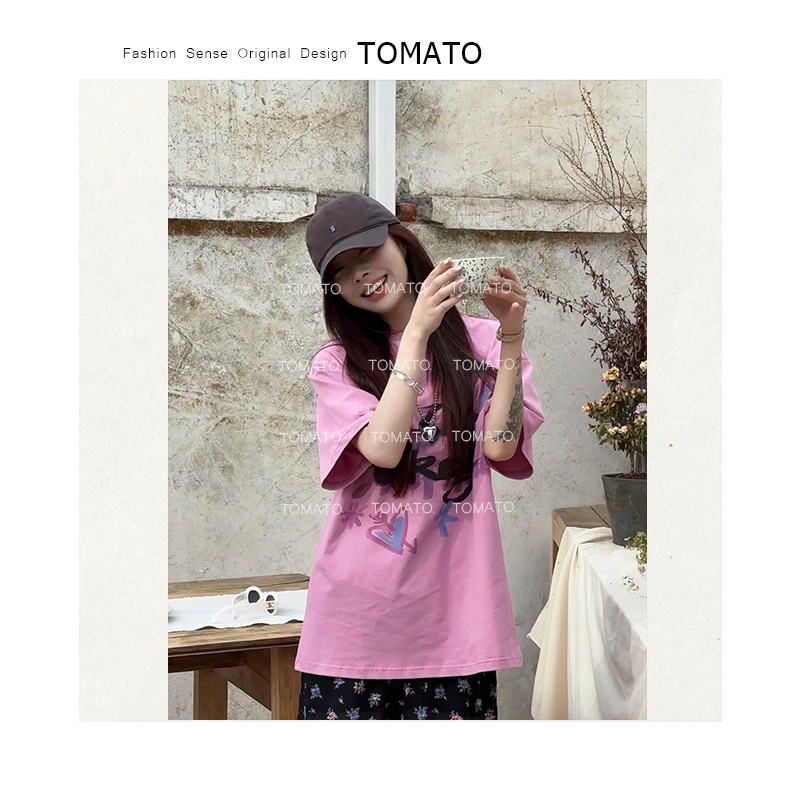 【TomaTo】心动的信号 美式字母涂鸦宽松休闲设计感短袖C25T041610