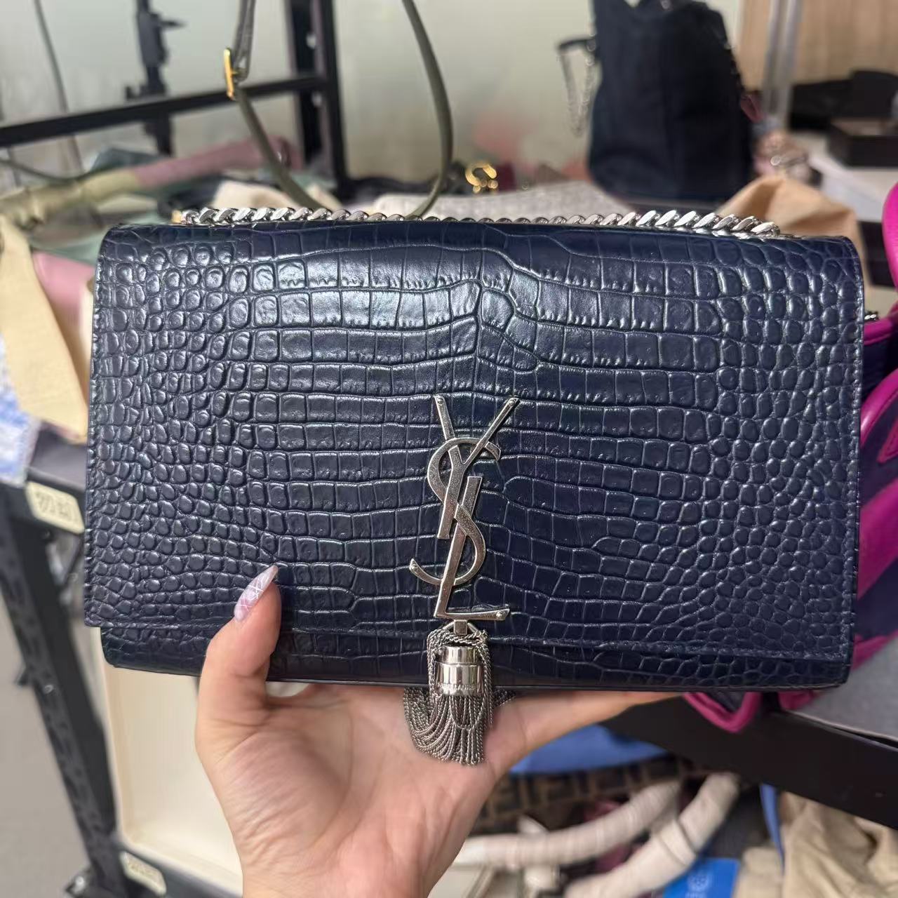 95新 YSL/圣罗兰 圣罗兰黑色压鳄/二奢包包