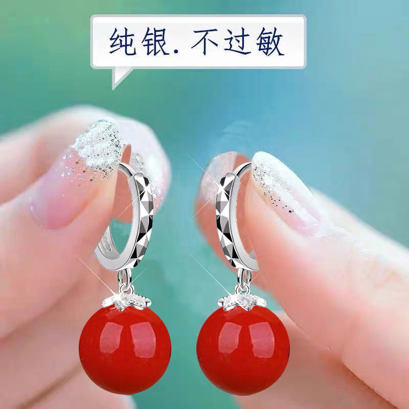 925银耳饰 925纯银珍珠耳环女2026年爆款耳坠红色喜庆新娘耳饰