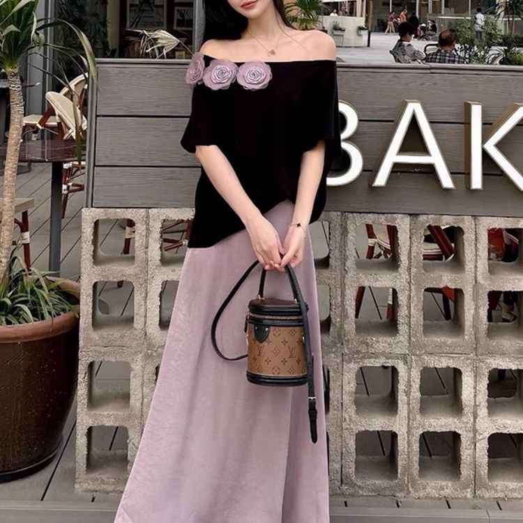 大码胖MM夏季法式时尚重工玫瑰花一字领上衣搭配缎面半身裙套装