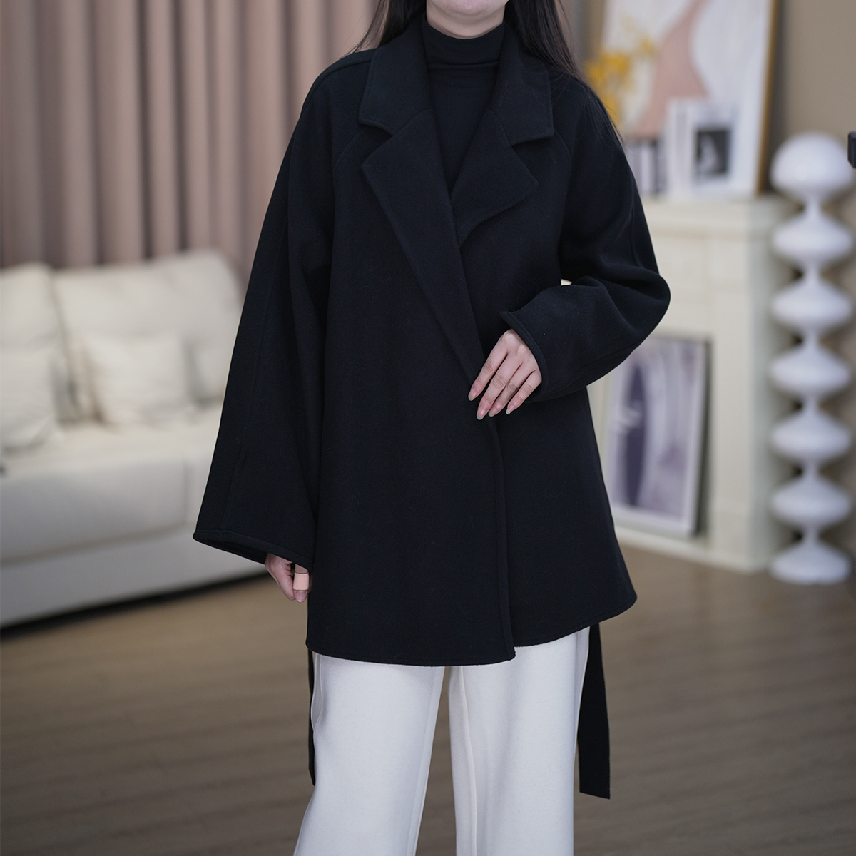 2025新款双面绒大衣女短款小个子韩版宽松经典显瘦毛呢外套潮系带