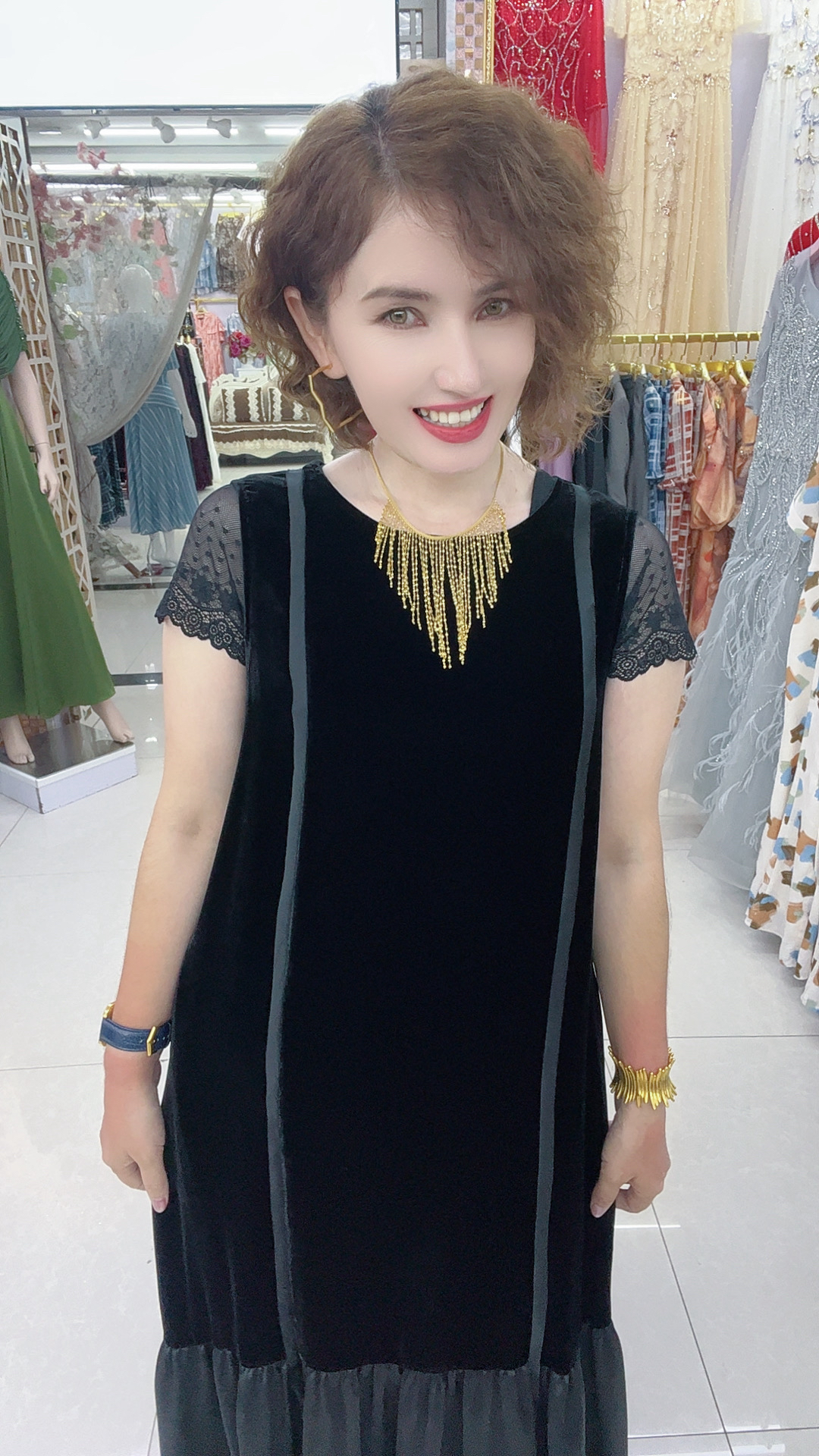 MODA KIZ 真丝丝绒包肩拼接蕾丝高级感欧式风格无袖连衣裙