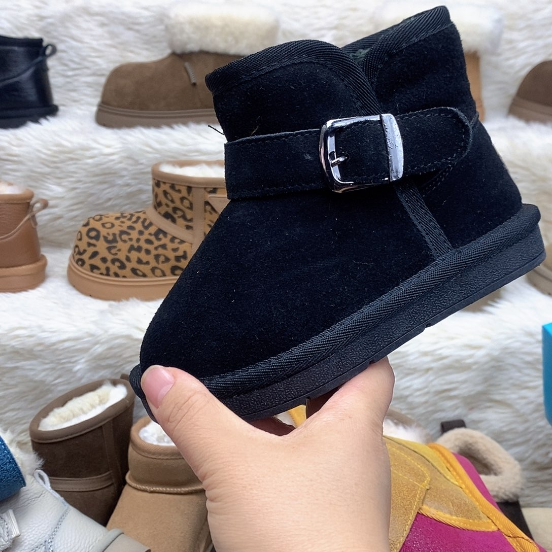 平***️水牛剖层皮革牛皮雪地靴黑色27码