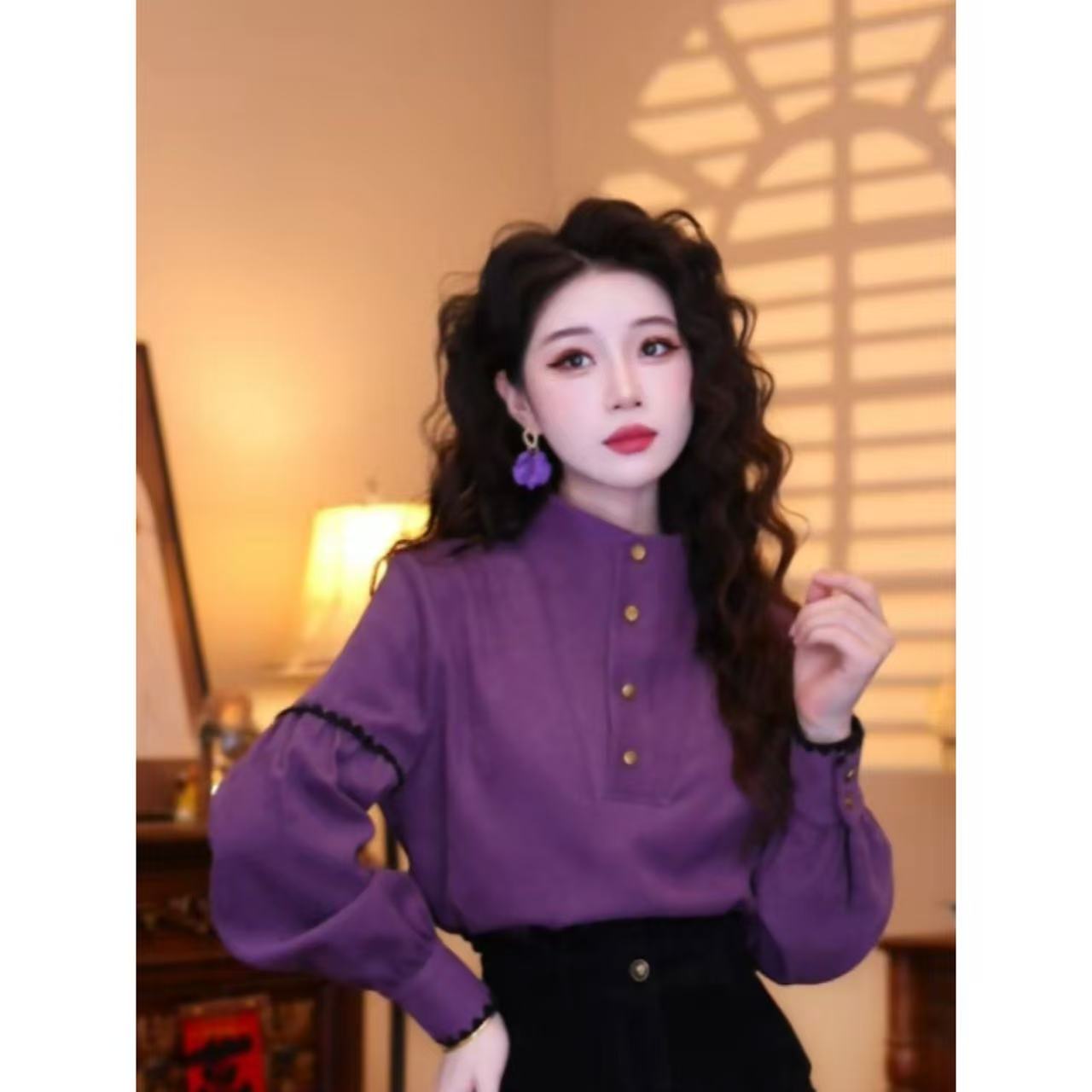蒋肉肉【紫霜冷冽】港味复古气质设计感秋冬长袖上衣03319