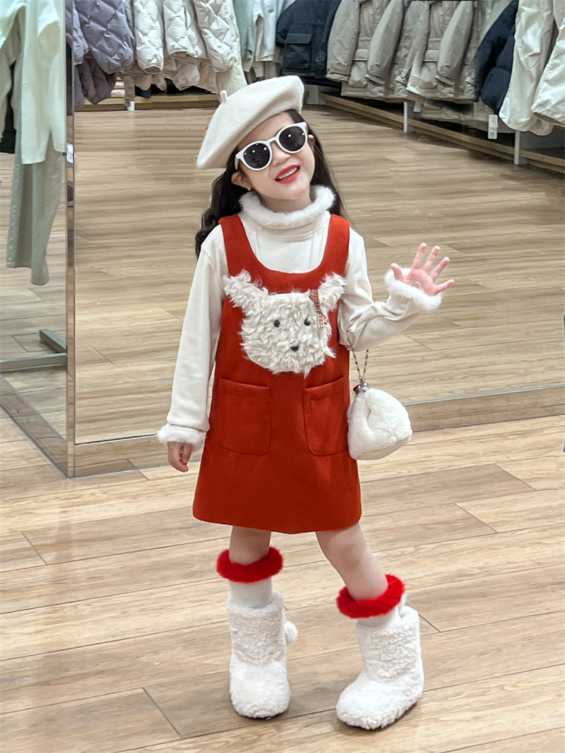 PAOFUPP新年装女童节日氛围感小狗呢料背心裙毛毛边打底衫两件套