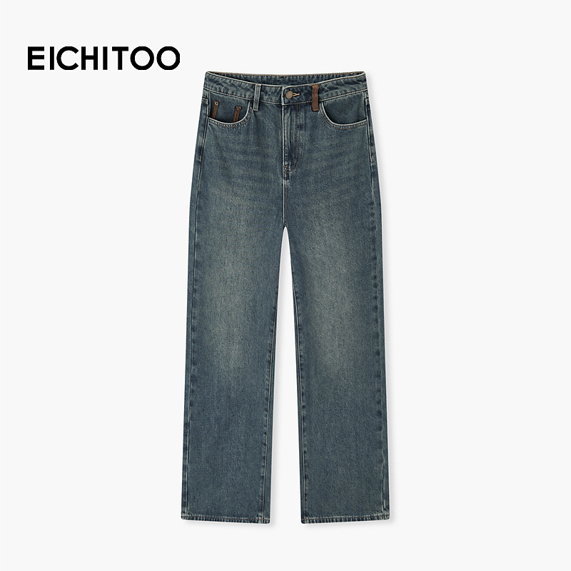 爱居兔反面磨毛牛仔裤女24年冬季新款复古时尚阔腿裤EKNAJ4P003A