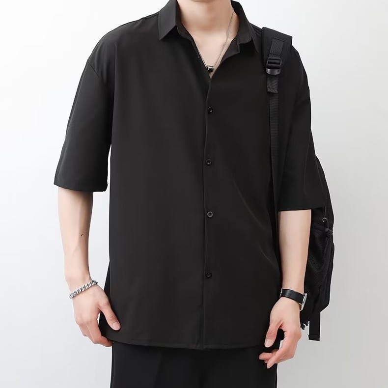 爆款免烫短袖衬衫男士薄款潮流宽松垂感高级感休闲五分衬衣服