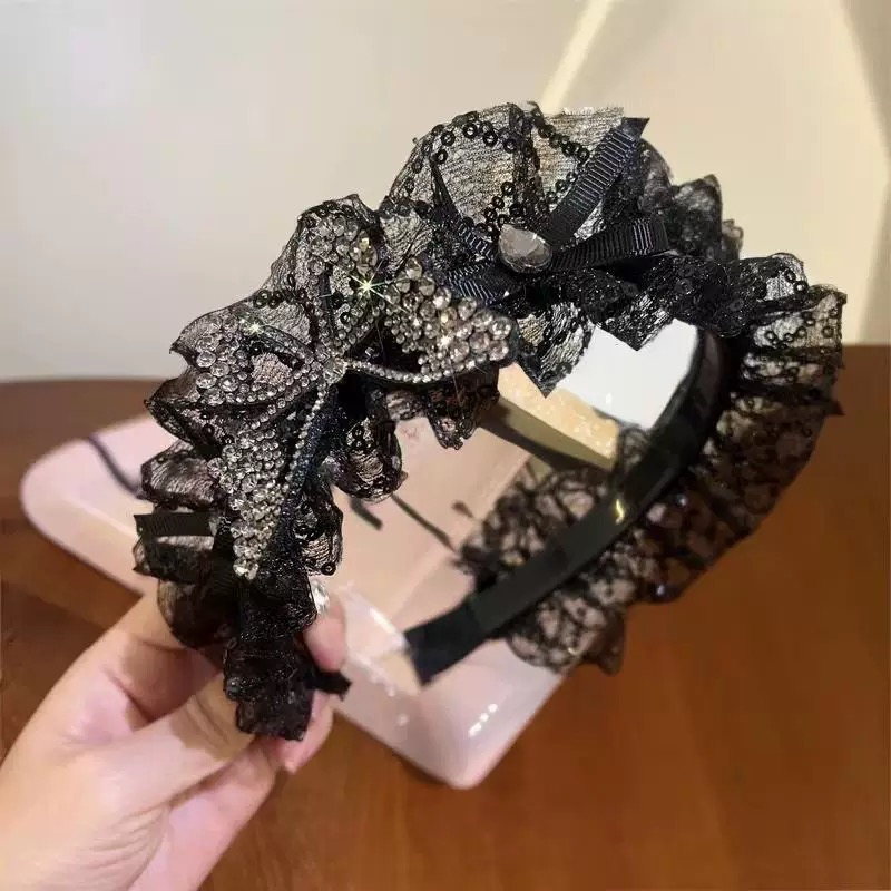 黑色网纱发箍网红新款头箍带齿荷叶边蕾丝褶皱蝴蝶头饰2677