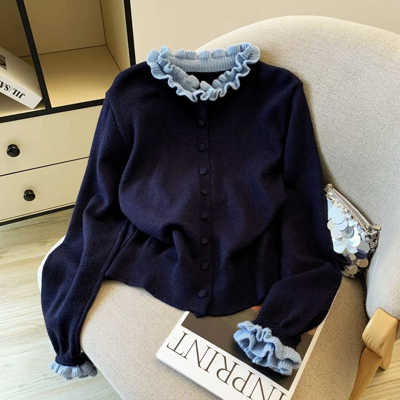 超好看木耳边长袖针织衫女装2025新款春秋季开衫外套独特漂亮上衣