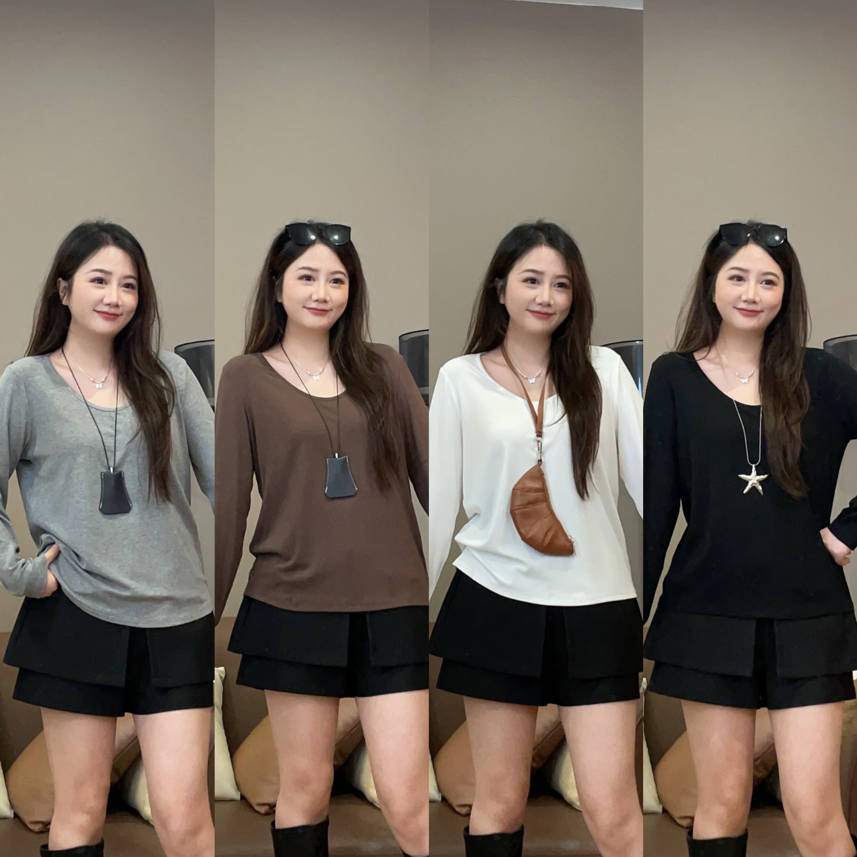 【清清价】简约素色百搭秋季长袖V领T恤微胖显瘦女 P225X14969