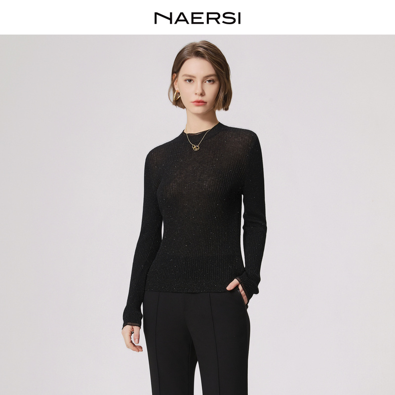 娜尔思长袖黑色修身时尚秋冬羊毛针织衫NZ05188W0