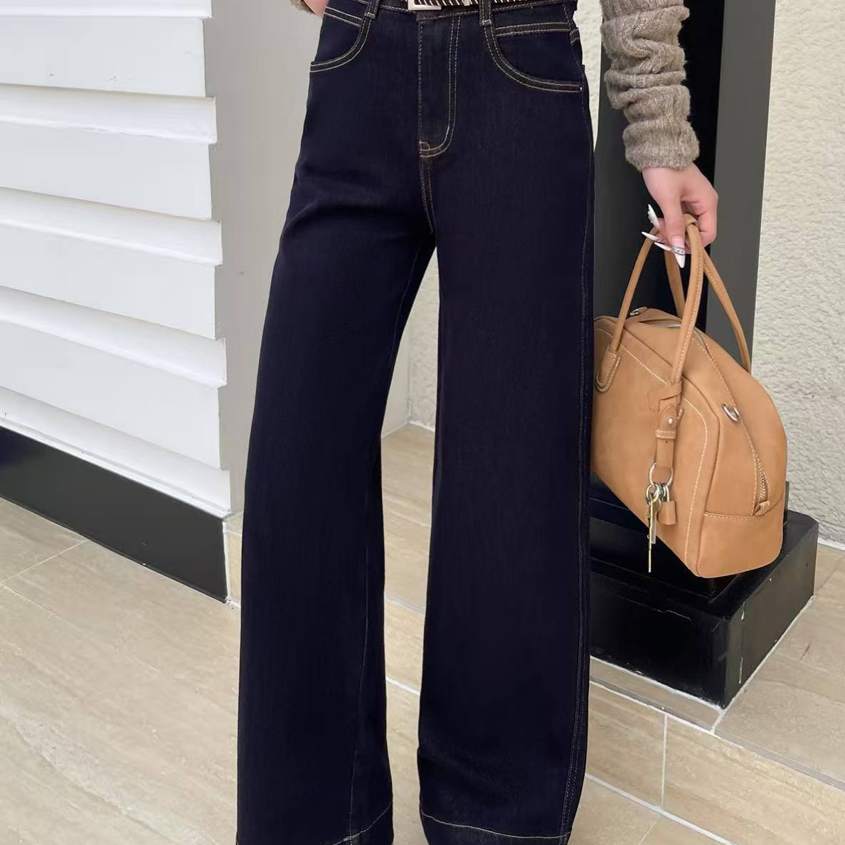 冬季新款丹宁蓝九分牛仔裤女款高腰松紧腰爆款裤子