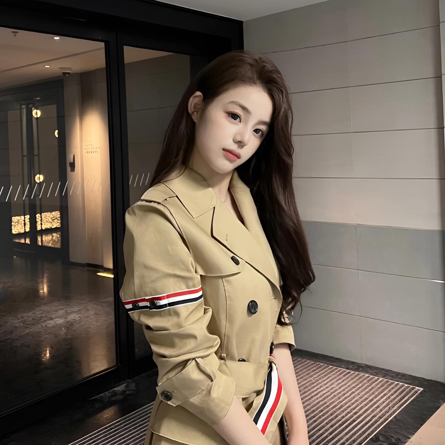 未使用 THOMBROWNE 2510145/40码/彩条饰双排扣系腰风衣