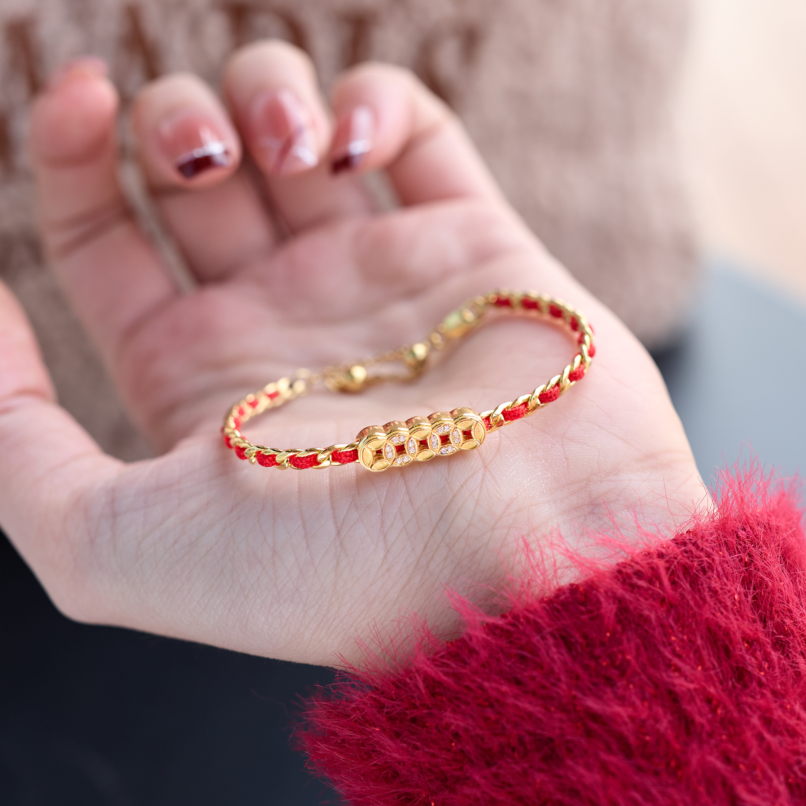 恒美娜 925银莫桑石手链 红绳铜钱编织手链民族风红色情侣手工