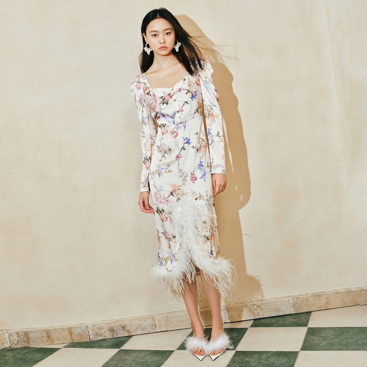 MAXRIENY飞鸽系列宫廷风羊腿袖气质拼接鱼尾连衣裙