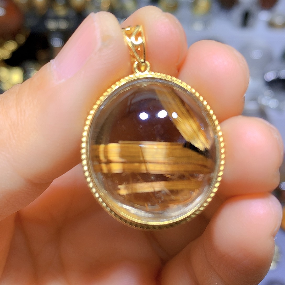 水晶吊坠银S925镀金镶嵌天然水晶