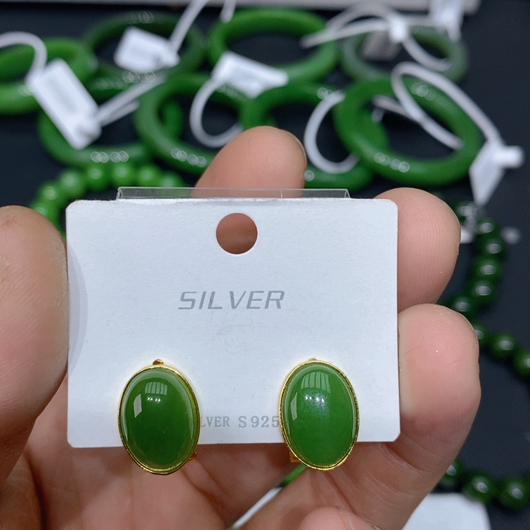 和田玉（碧玉）耳饰银S925镀金镶嵌