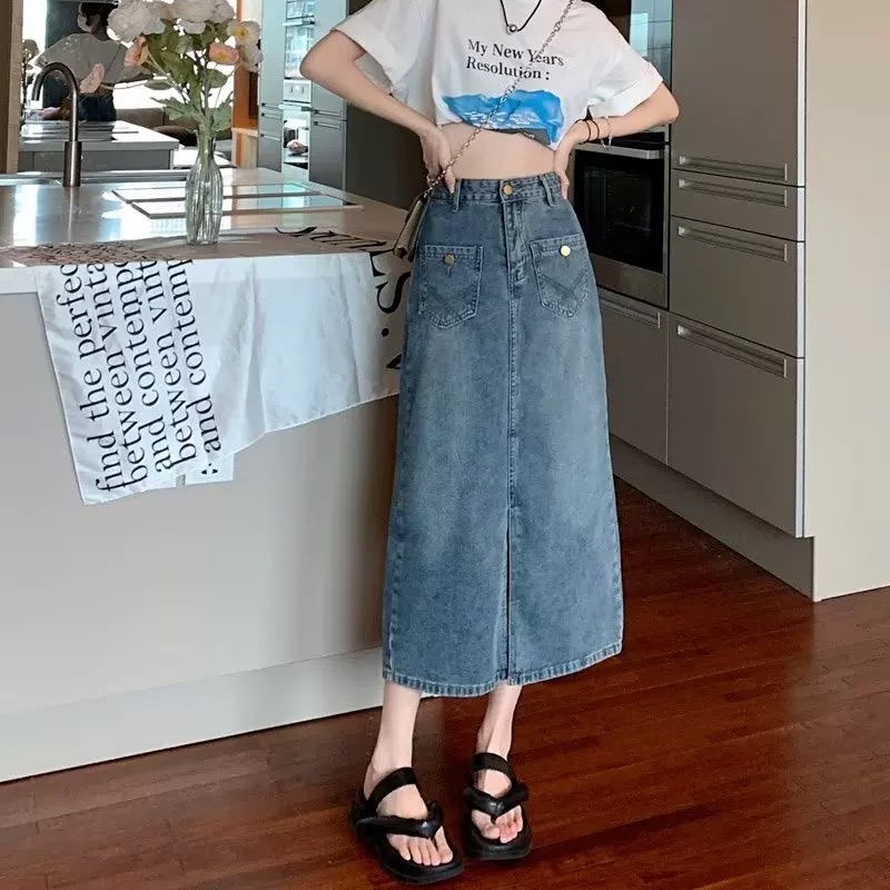 万万B004 复古开叉牛仔半身裙女春秋2025年高腰显瘦A字包臀中长裙