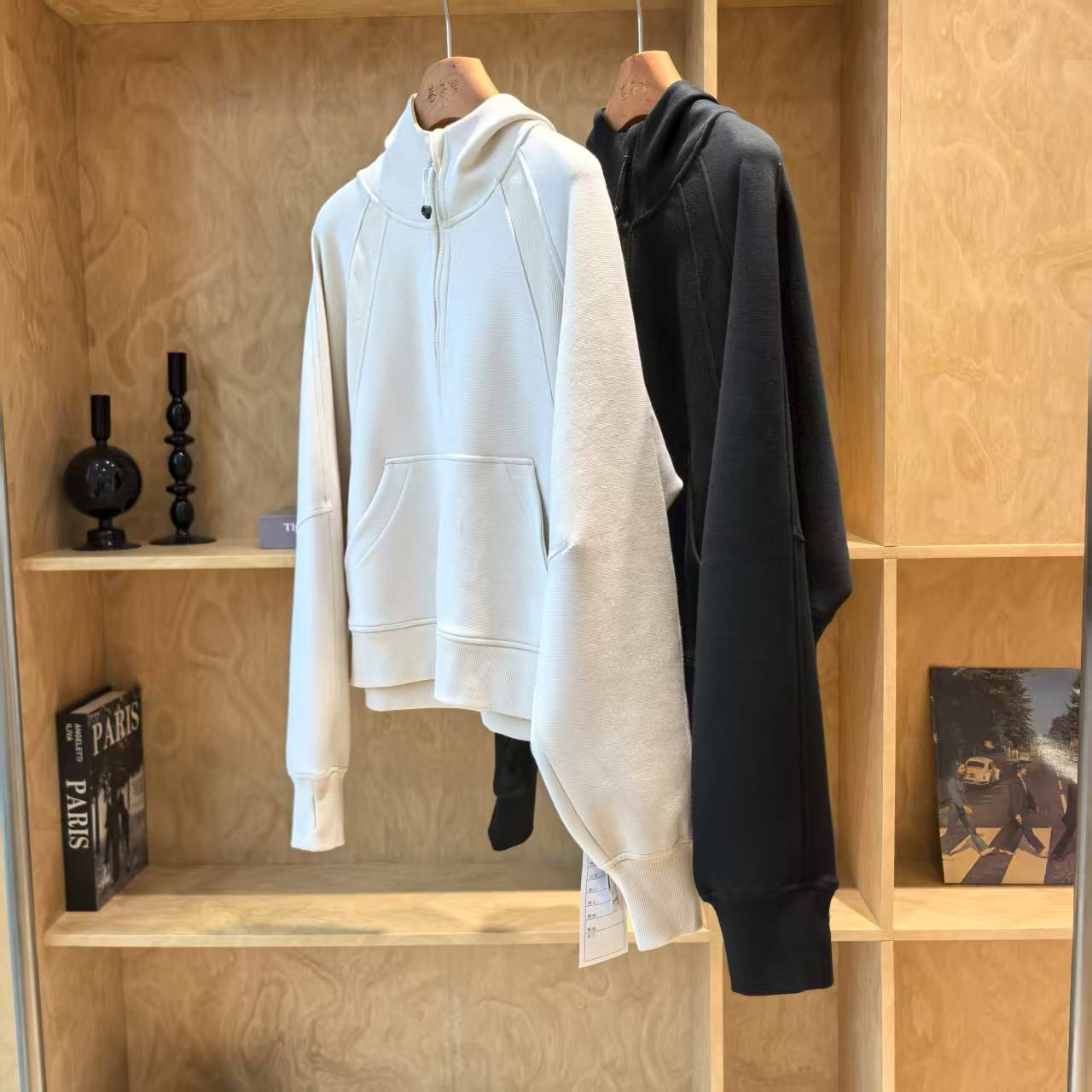 6021运动LU款极简高奢宽松短款拼接羊毛连帽外套