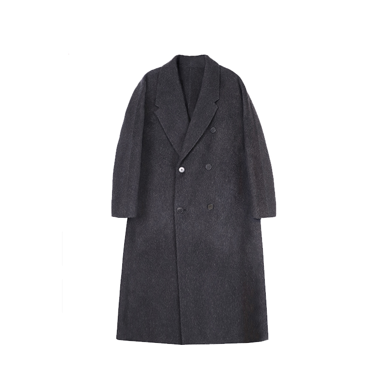 【ANO】绵羊毛呢大衣女4秋冬款双排扣翻领宽松版中长款外套