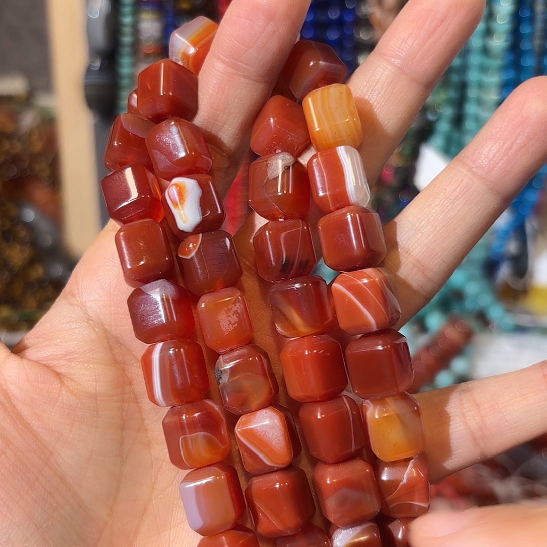 玛瑙/玉髓银S925镀金镶嵌珠宝半成品红玛瑙9-12一条