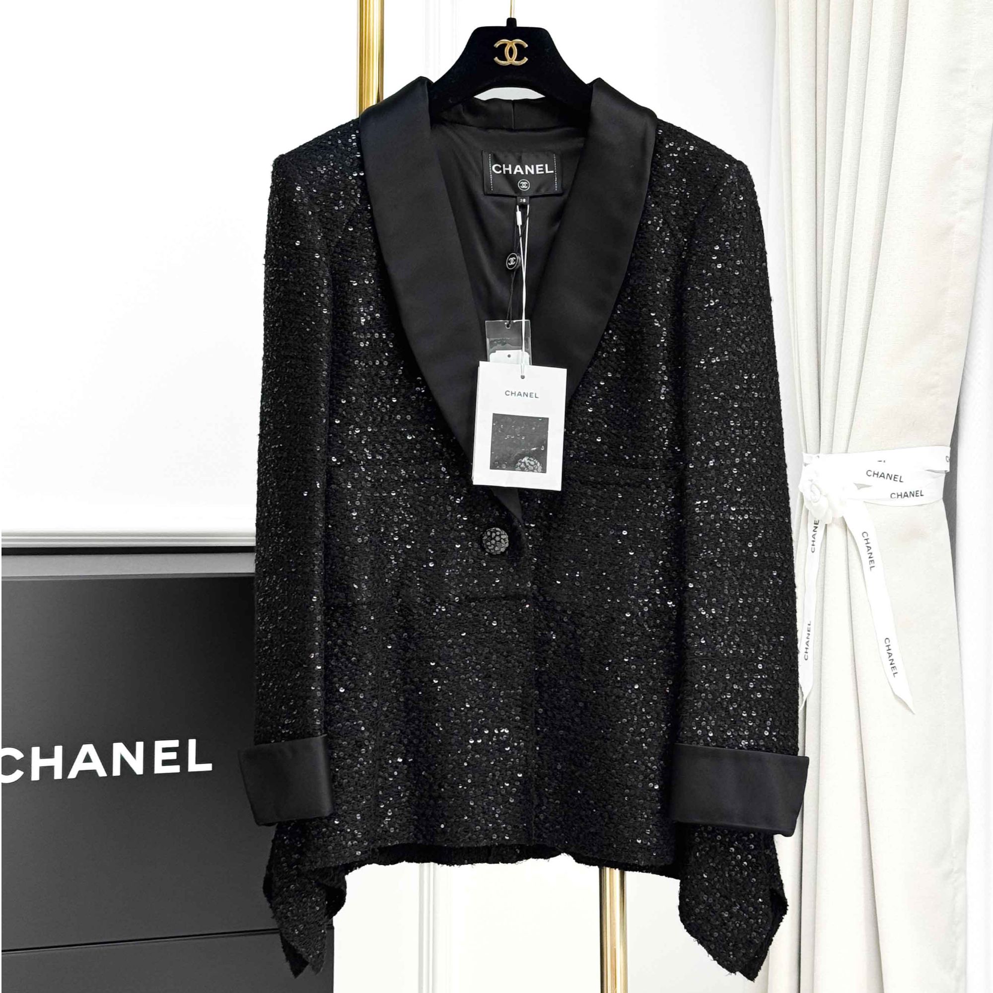 99新 Chanel/香奈儿 38码 黑色编织 亮片 拼缎面领 长袖 外套 