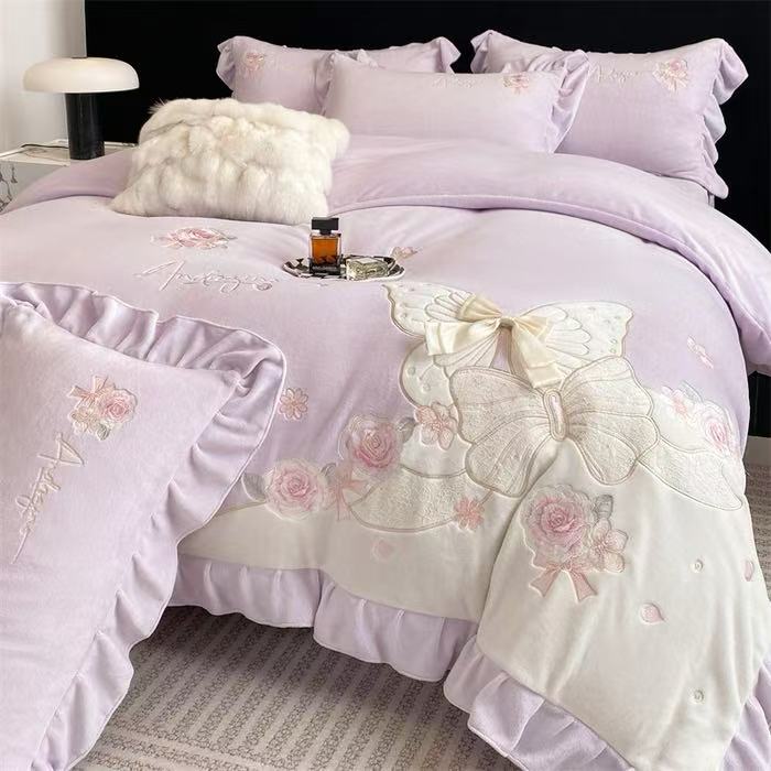 【专卖店系列】加厚牛奶绒四件套浪漫蝴蝶紫（无包装）