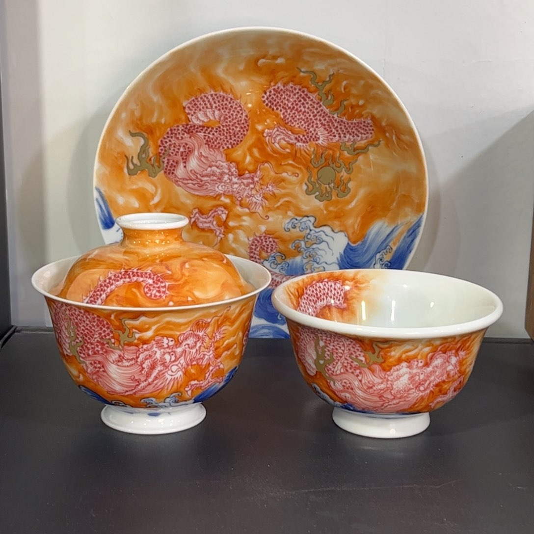 青花矾红错金银苍龙出海三件套 可拆分