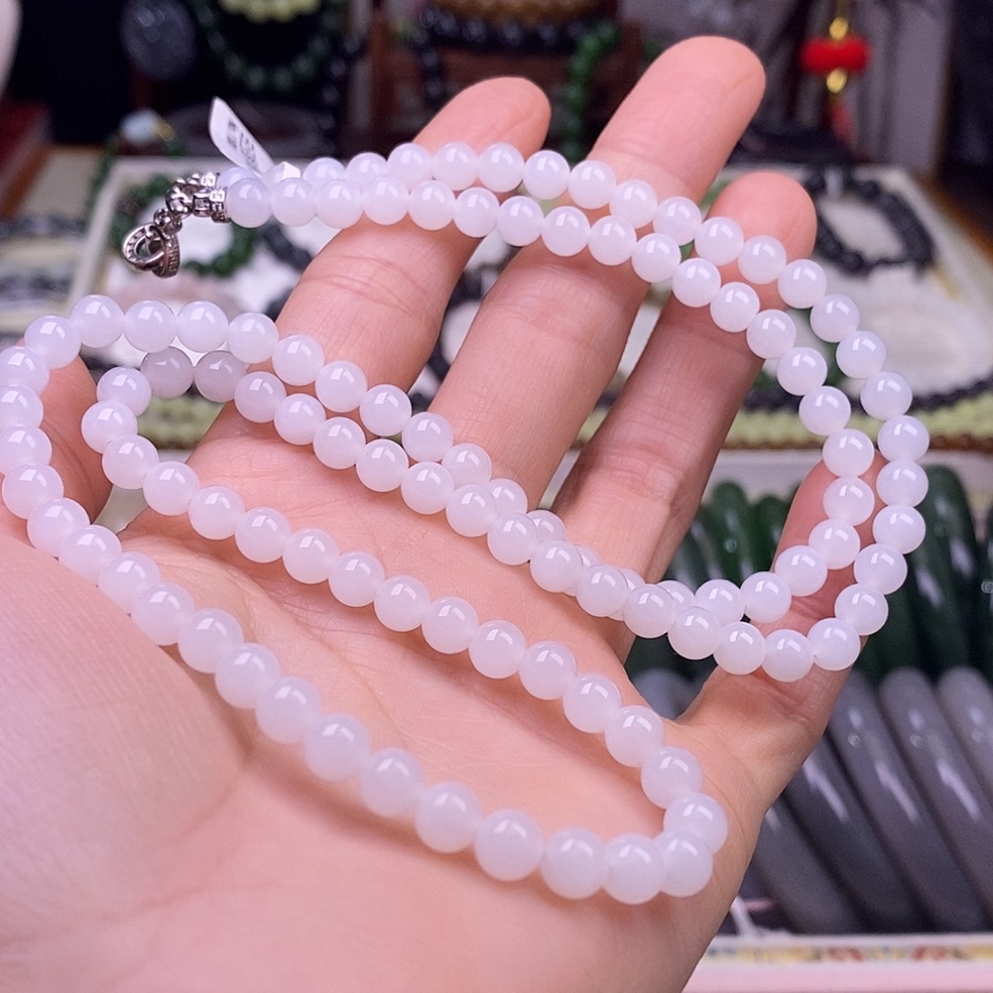 颈饰未镶嵌和田玉白玉6mm珠链