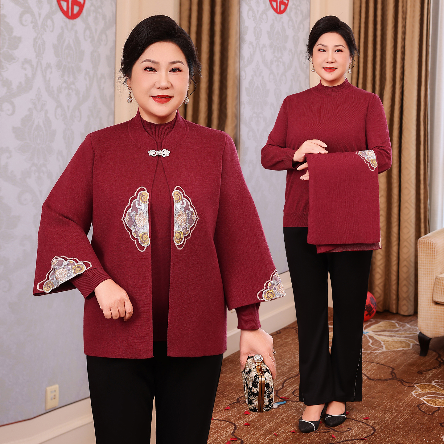 中老年女装妈妈装毛衣套装喜婆婆婚宴装订婚宴礼服敬酒服WM25709